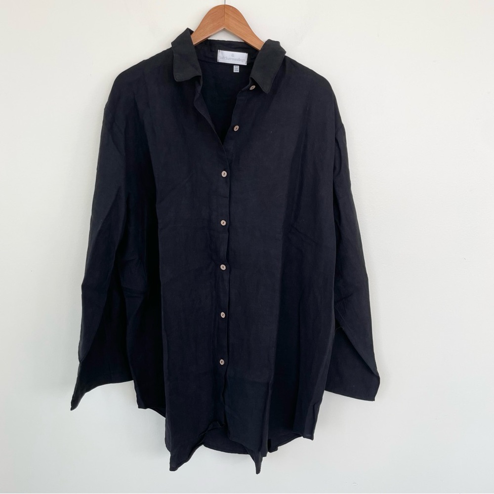 Soft Surroundings 100% Linen Long Sleeve Tunic Top in Black Lagenlook 2X